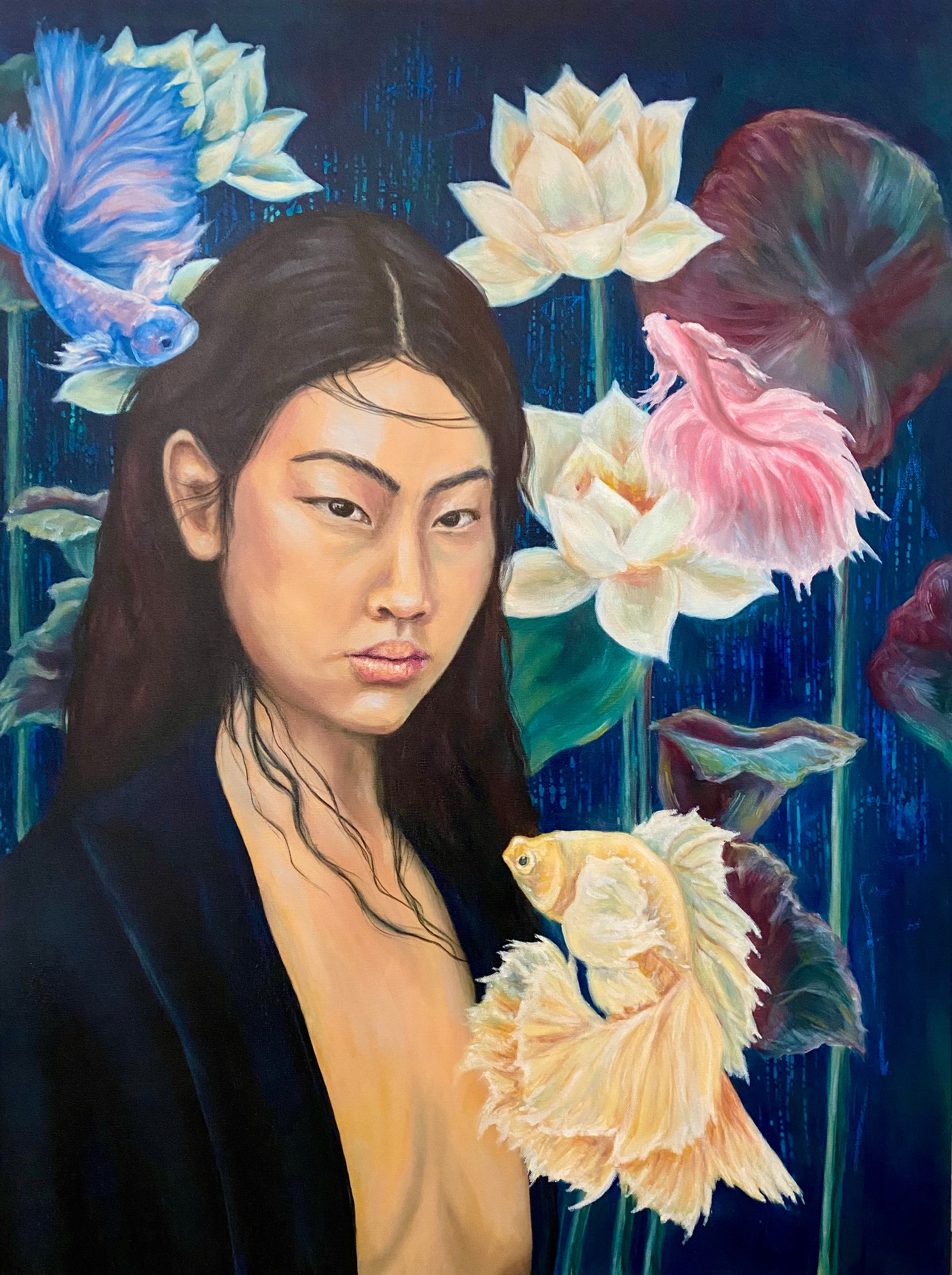 Painting of a woman surrounded by betafish and lotus