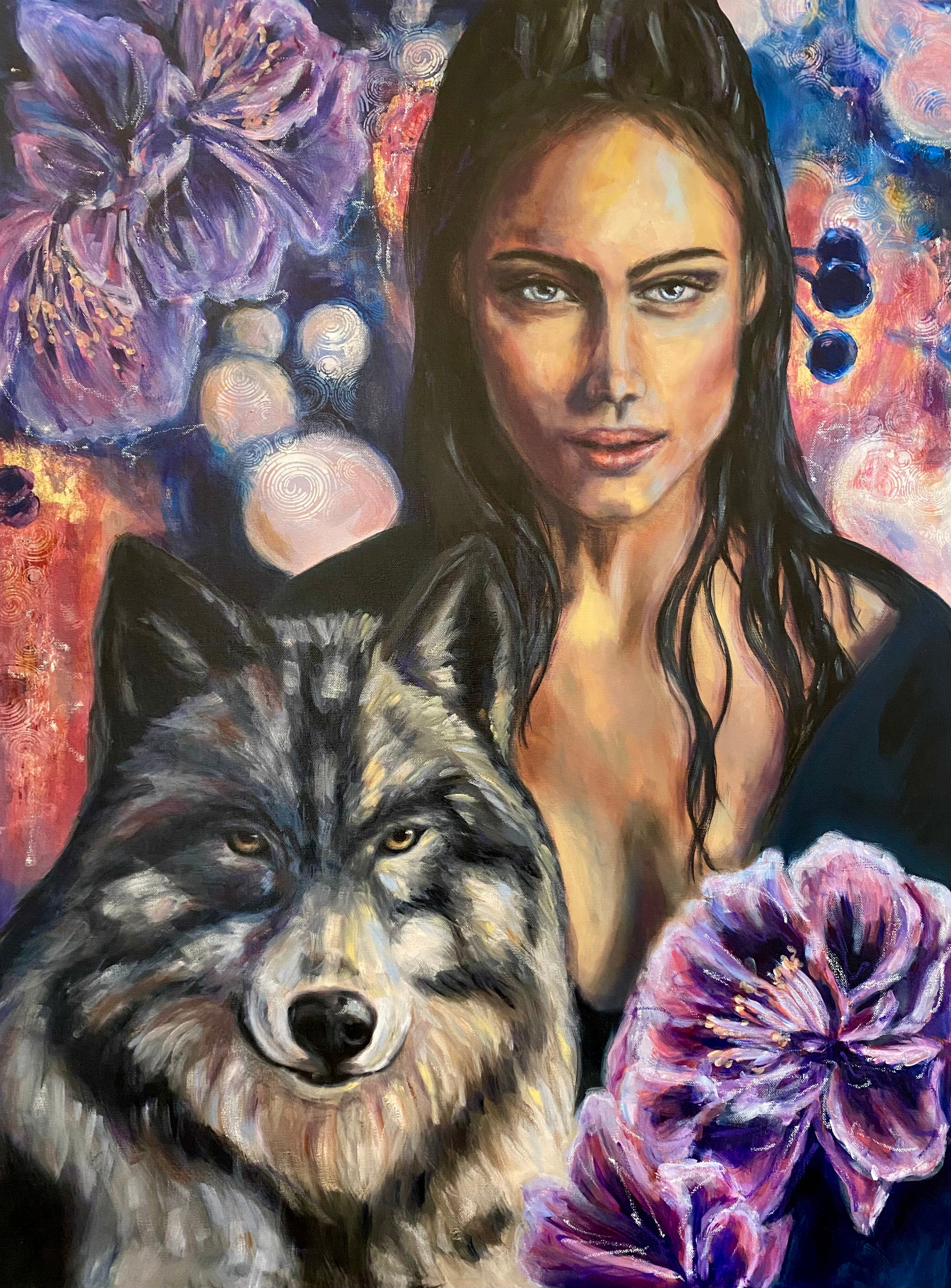 Painting of a woman with a gray wolf