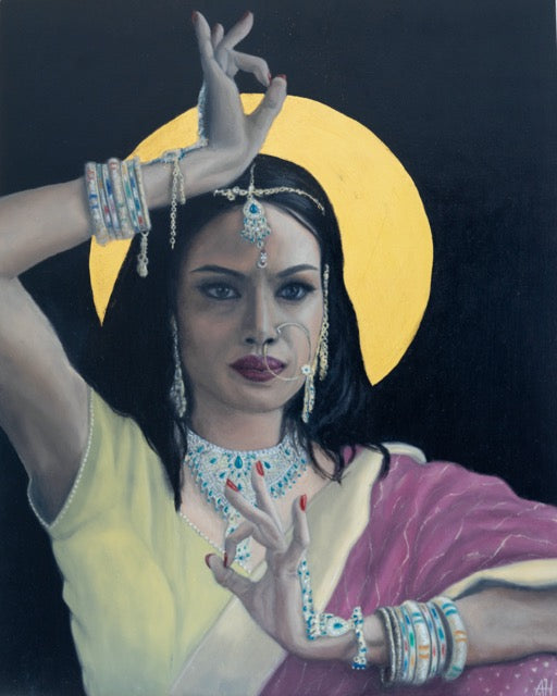 painting of the Hindu Goddess Mata Saraswati on a gold and black background