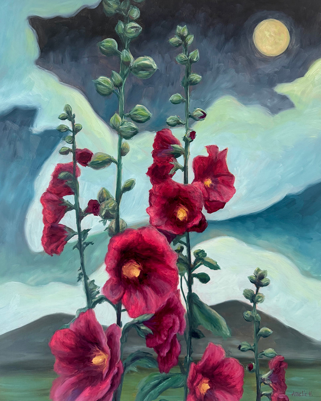 Midnight Hollyhocks - Fine Art Print 8x10 in.