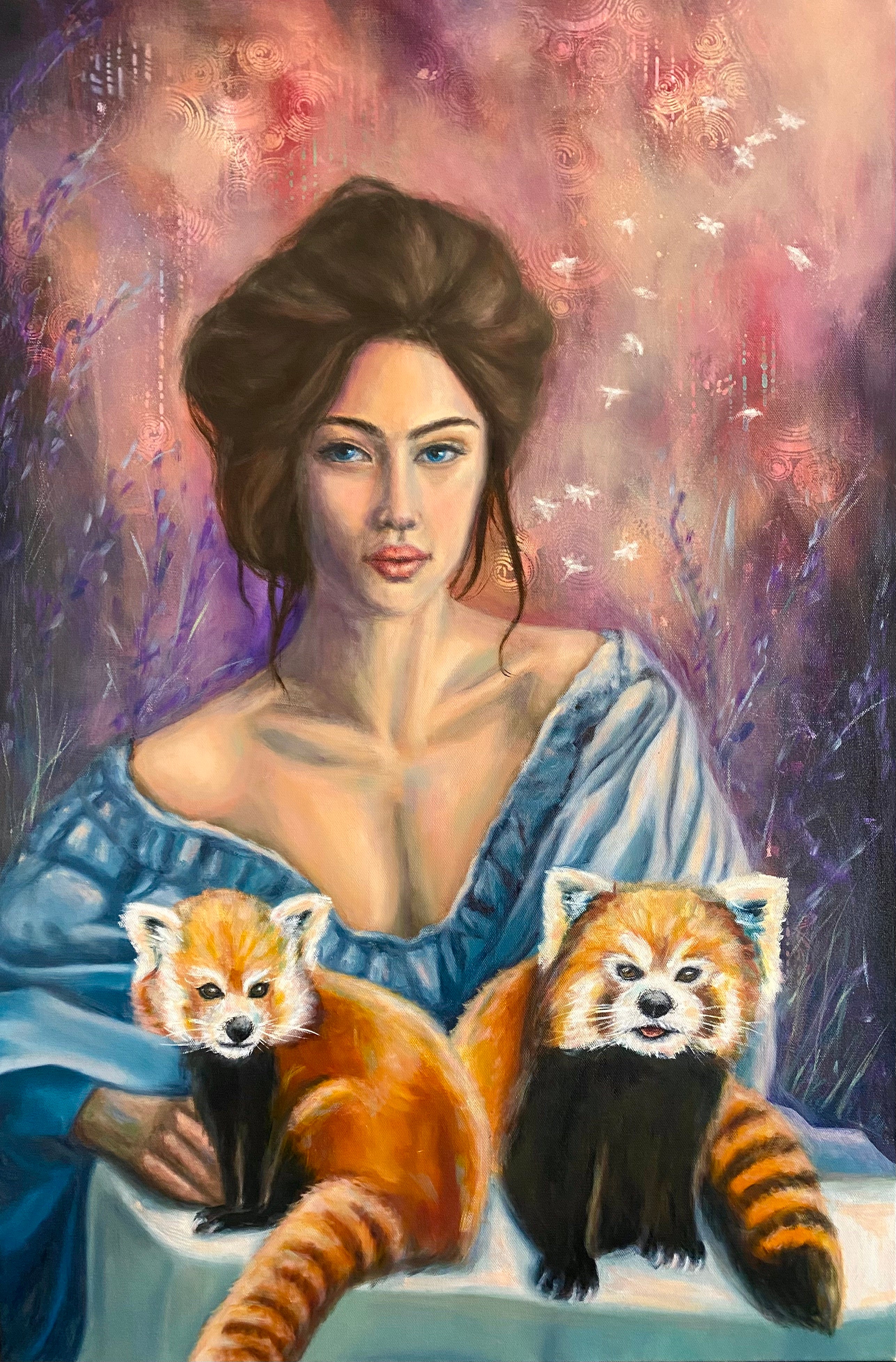 Painting of a woman in a victorian gown surrounded by red pandas