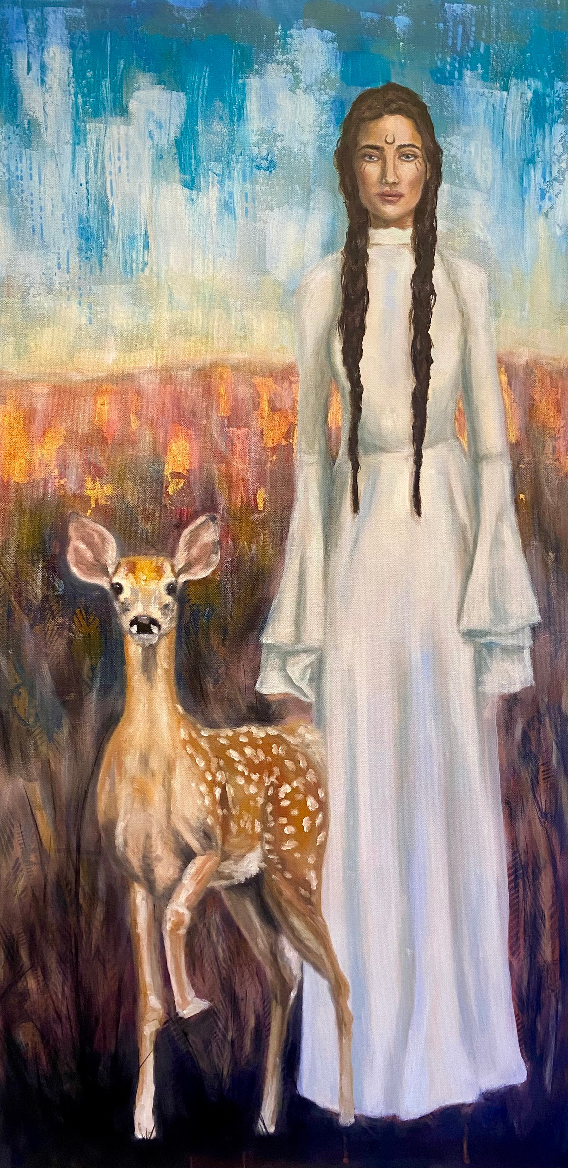 Painting of a woman in a white dress standing in a field next to a fawn