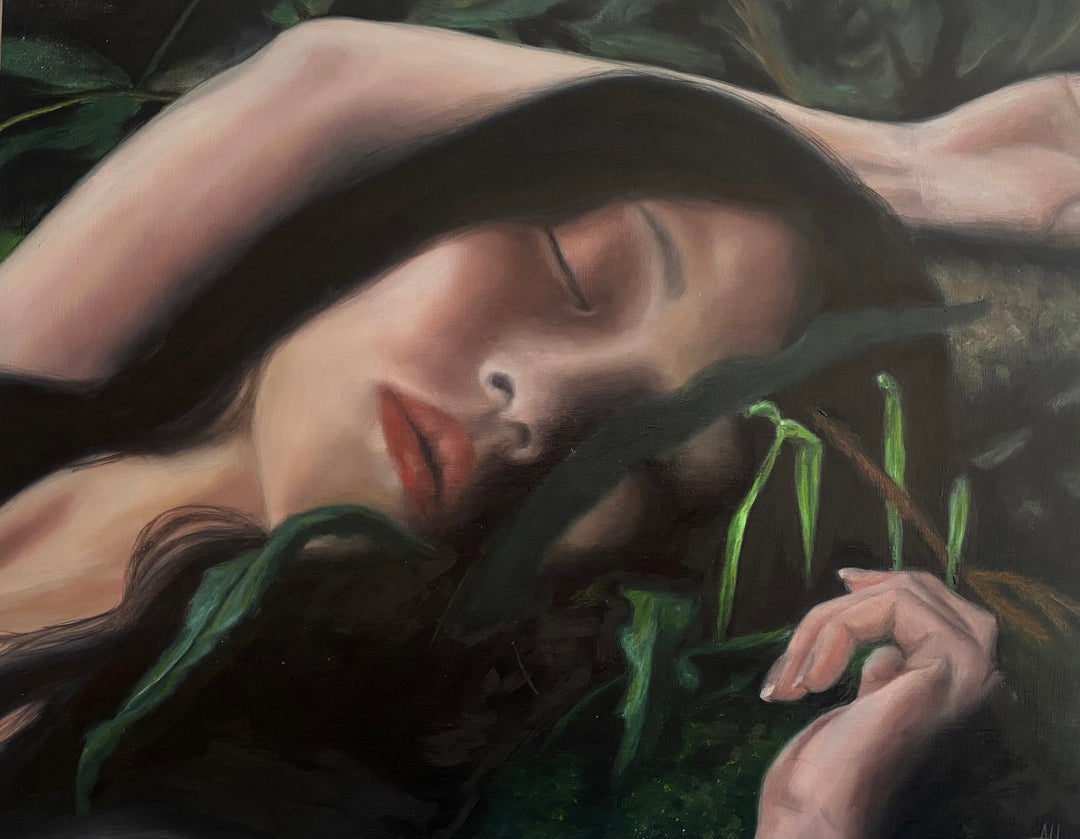 painting of a woman sleeping in the forest