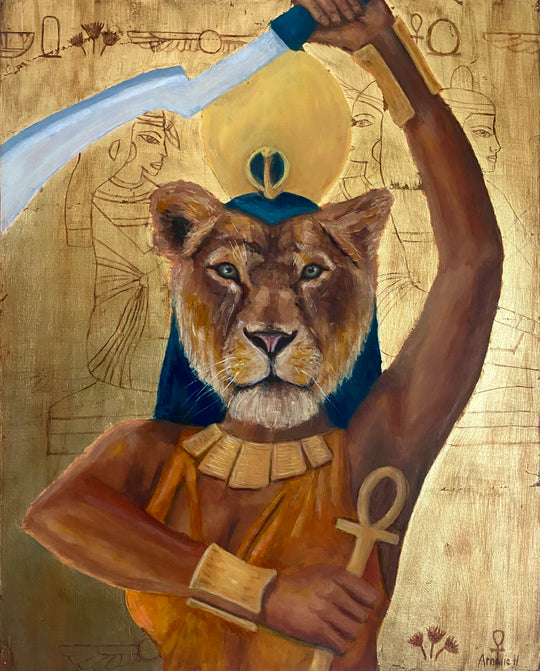 Painting of the egyptian Goddess Sekhmet on a gold background