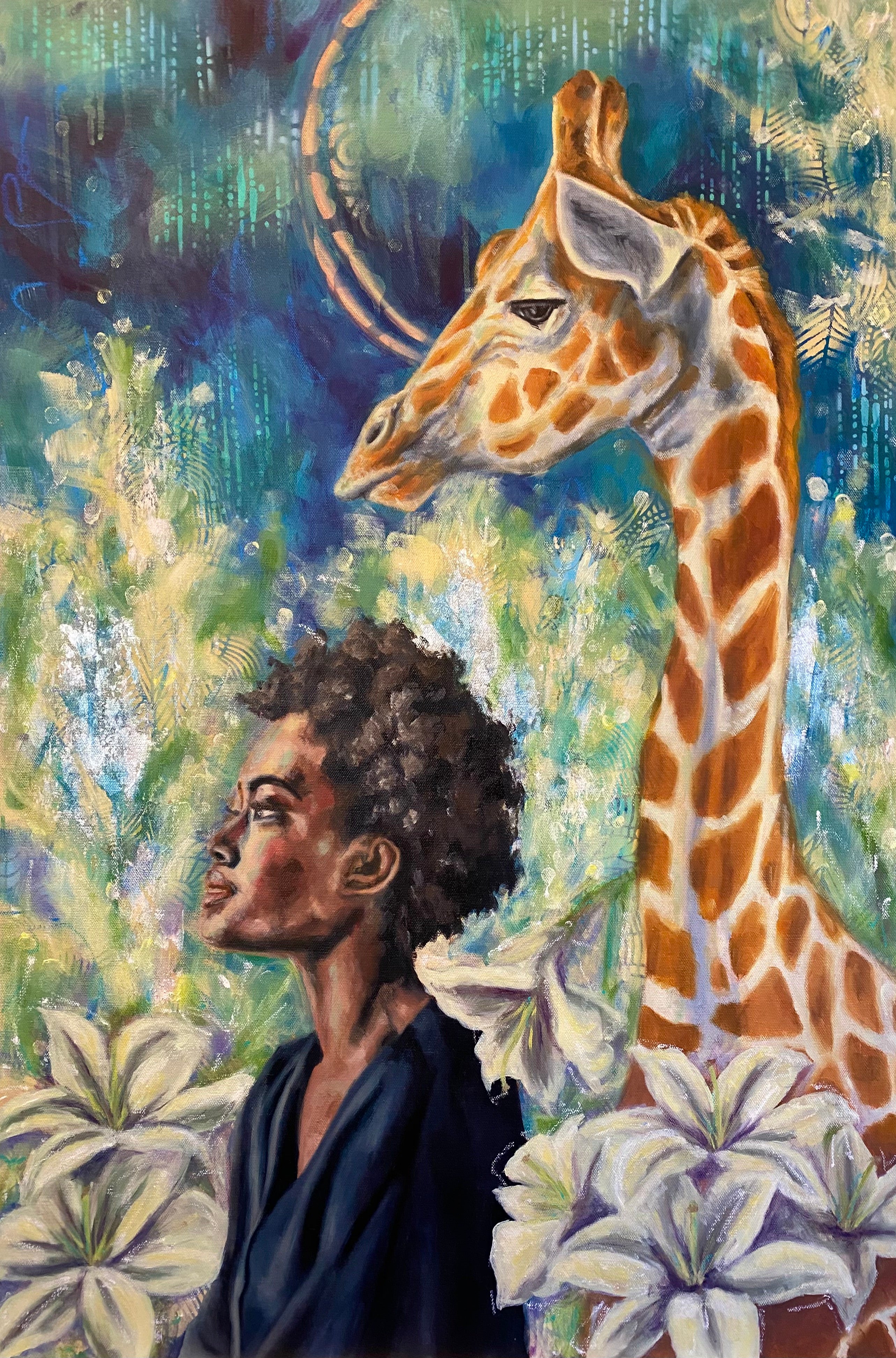 Fine art print of a lady with a giraffe, in a field of lillies flowers