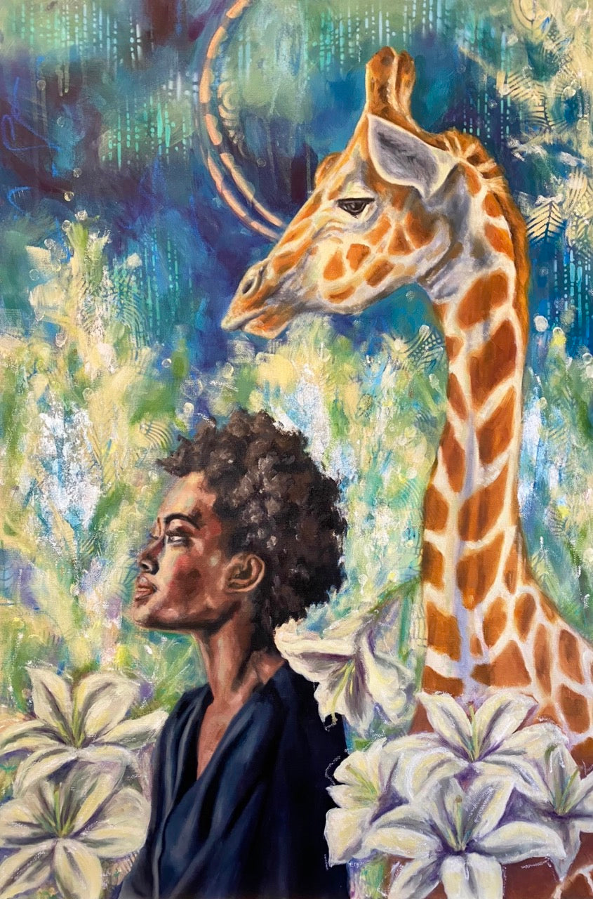 Painting of a lady amongst lilies, with a giraffe looking over her